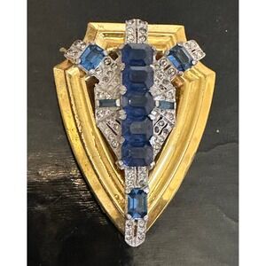 1930s McClelland Barclay Blue & Clear Rhinestone Gold Tone Fur Clip Pin Brooch